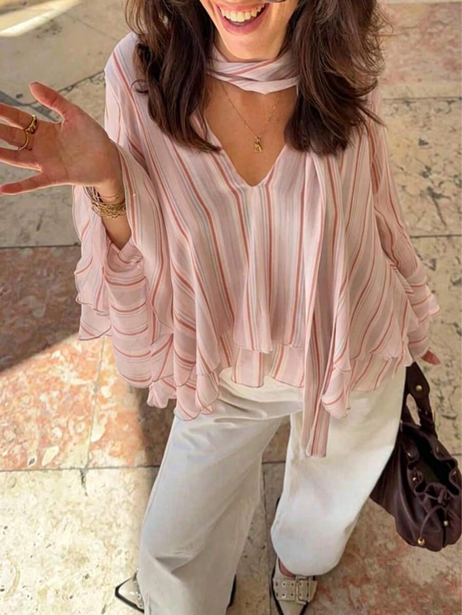 Striped Chiffon Ruffle Trim V Neck Blouse