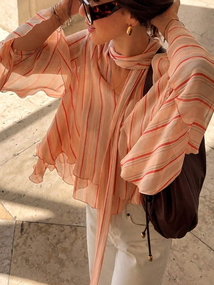 Striped Chiffon Ruffle Trim V Neck Blouse
