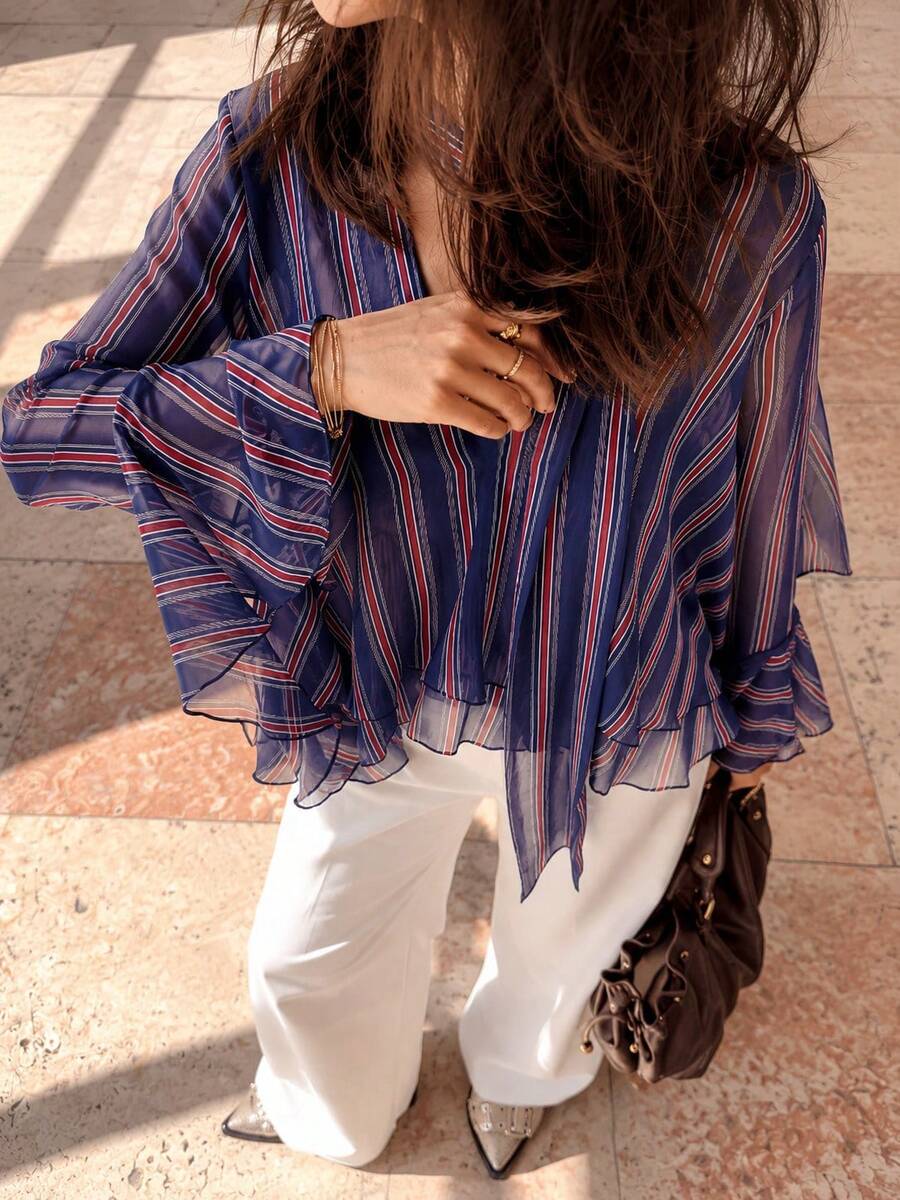Striped Chiffon Ruffle Trim V Neck Blouse