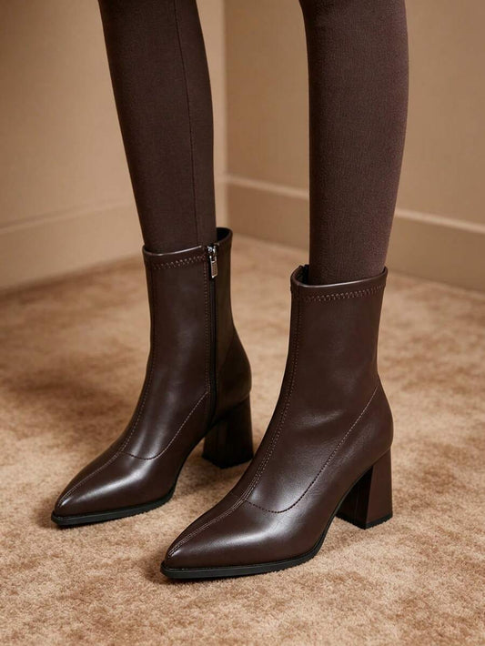 Pointed Toe Side Zip Chunky Heel Ankle Boots