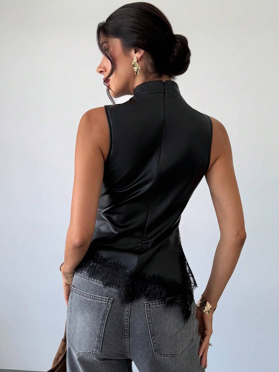 Faux Leather Contrast Lace Fitted Tank Top