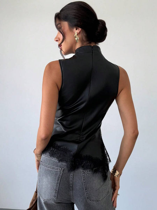 Faux Leather Contrast Lace Fitted Tank Top