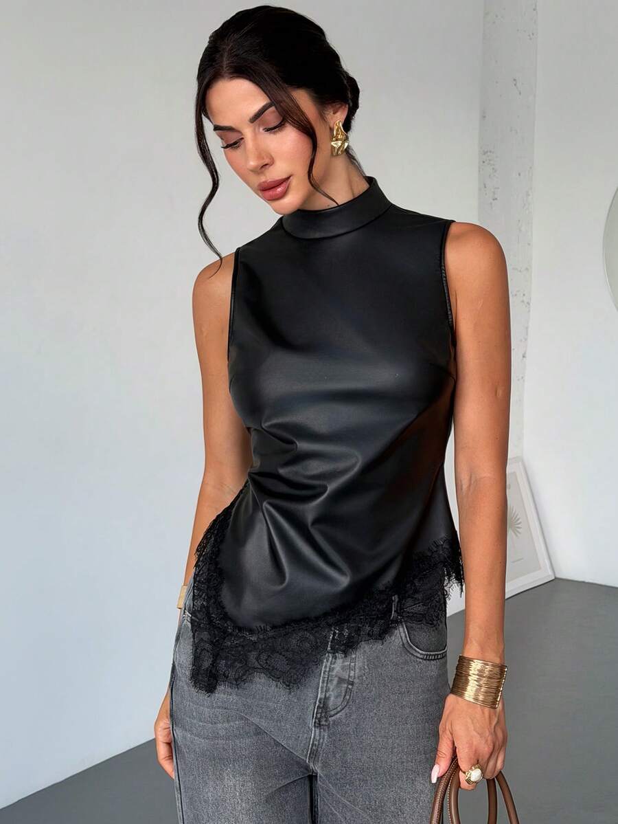 Faux Leather Contrast Lace Fitted Tank Top