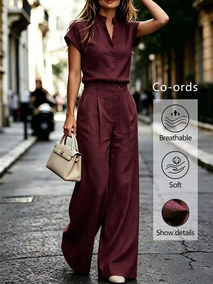 Notched Neck Shirt and Wide Leg Pants Set