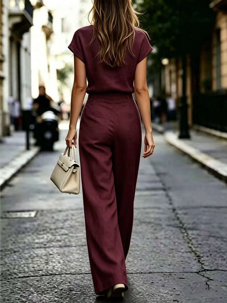Notched Neck Shirt and Wide Leg Pants Set