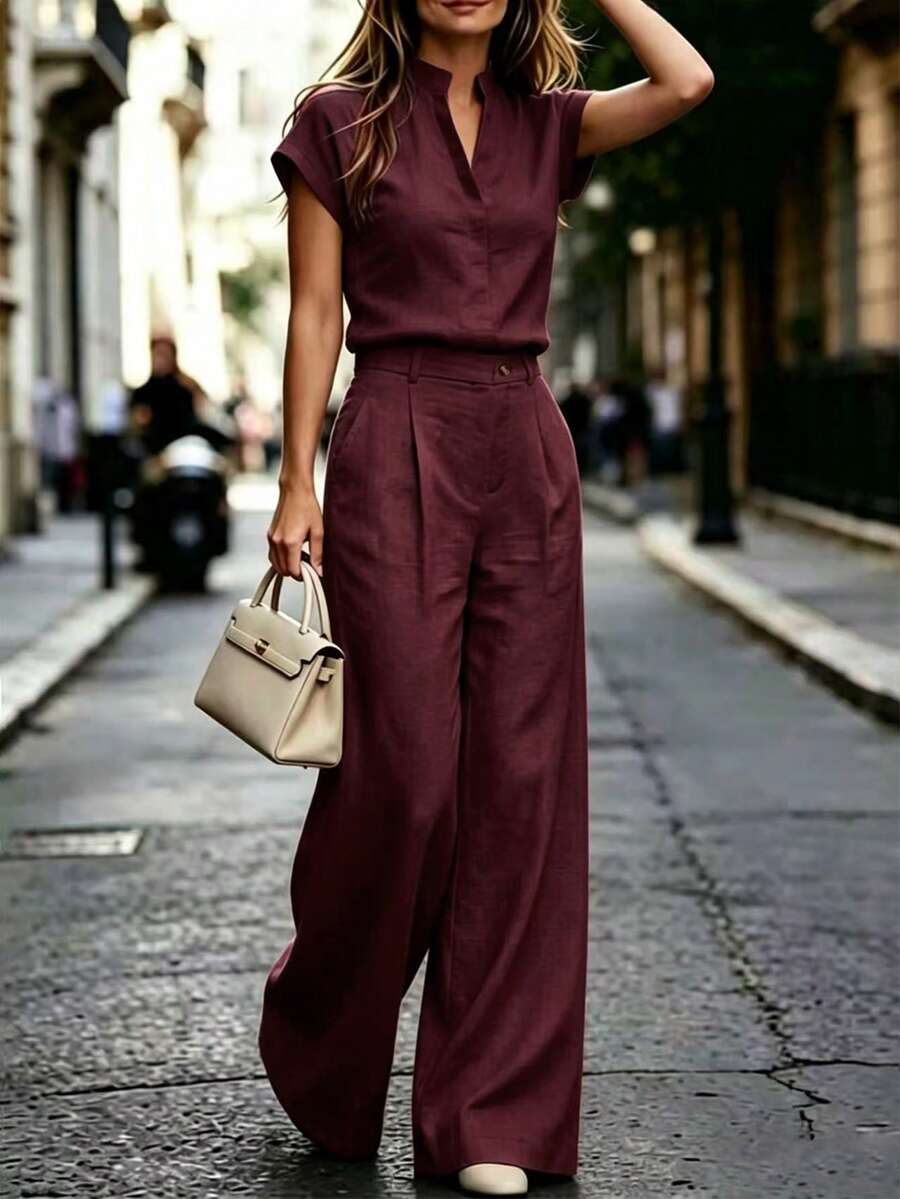 Notched Neck Shirt and Wide Leg Pants Set