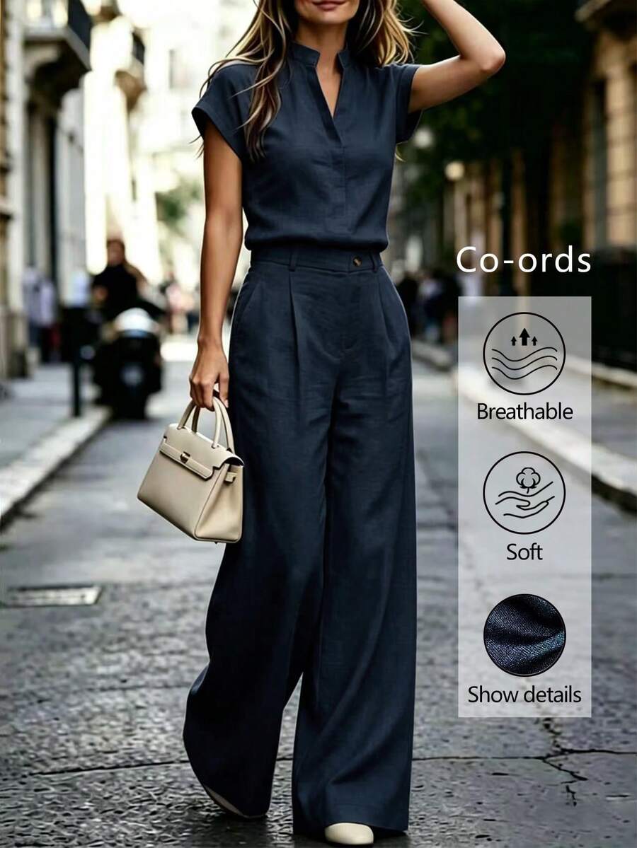 Notched Neck Shirt and Wide Leg Pants Set