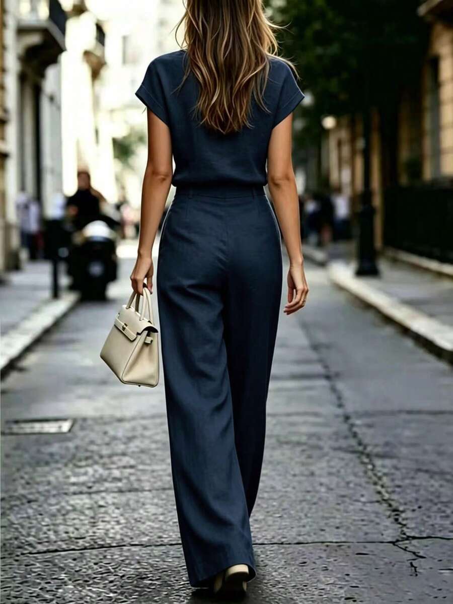 Notched Neck Shirt and Wide Leg Pants Set