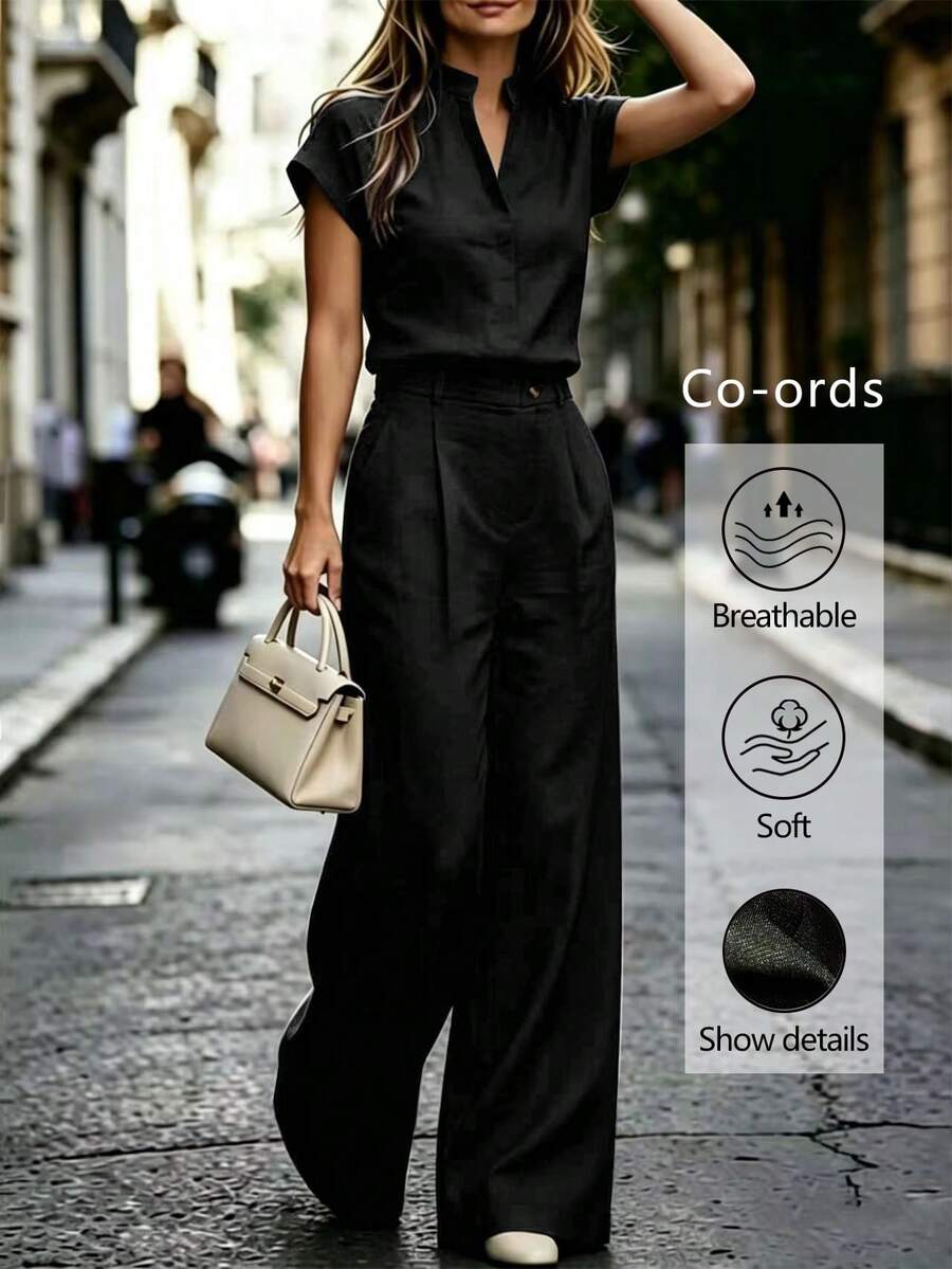 Notched Neck Shirt and Wide Leg Pants Set