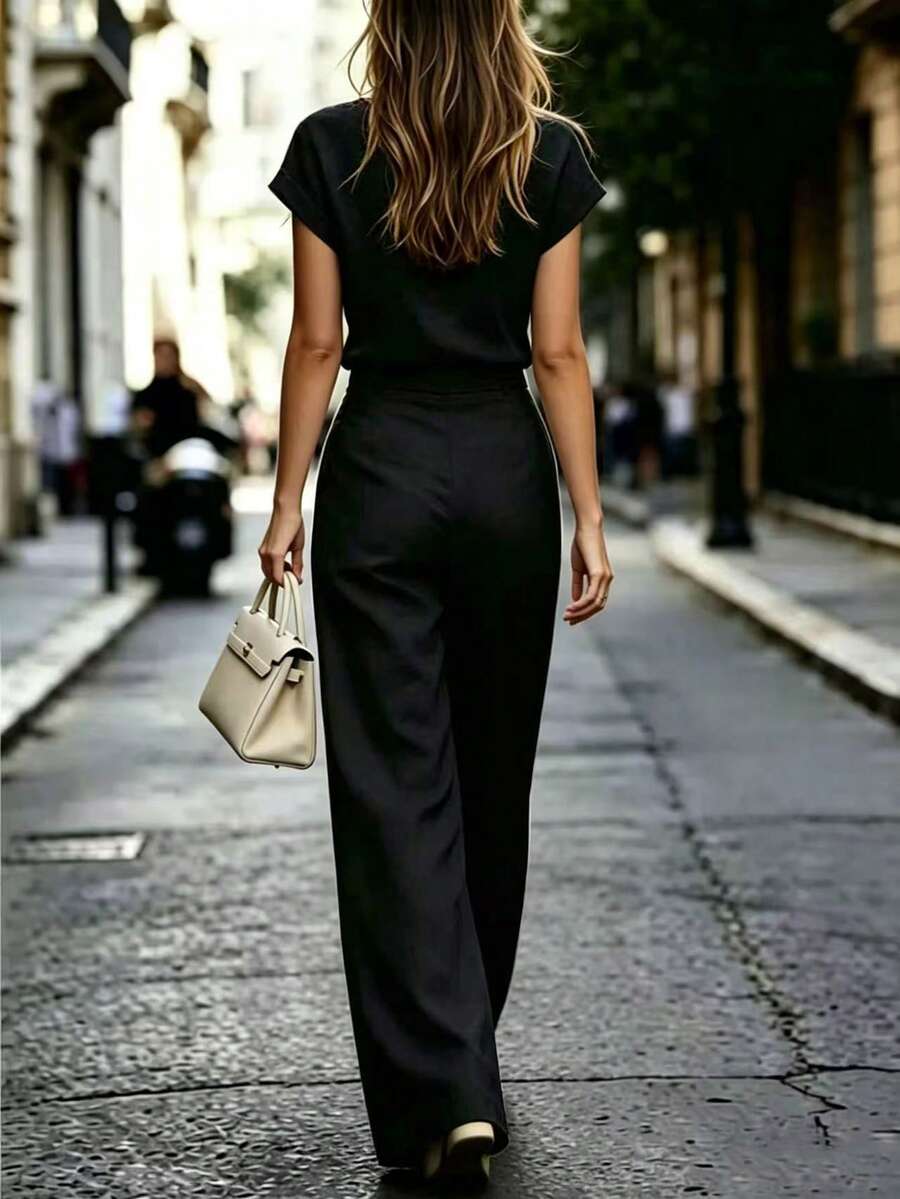 Notched Neck Shirt and Wide Leg Pants Set