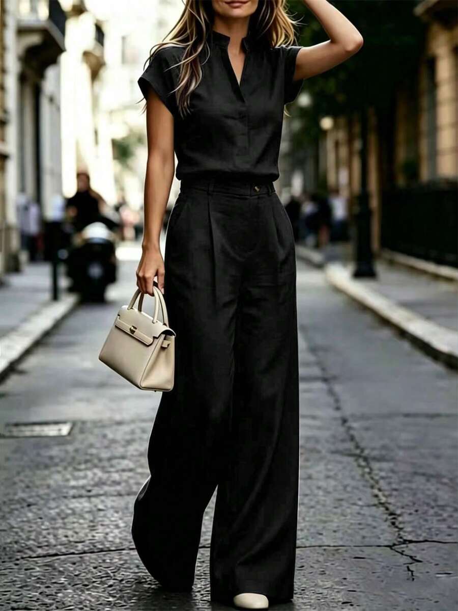 Notched Neck Shirt and Wide Leg Pants Set