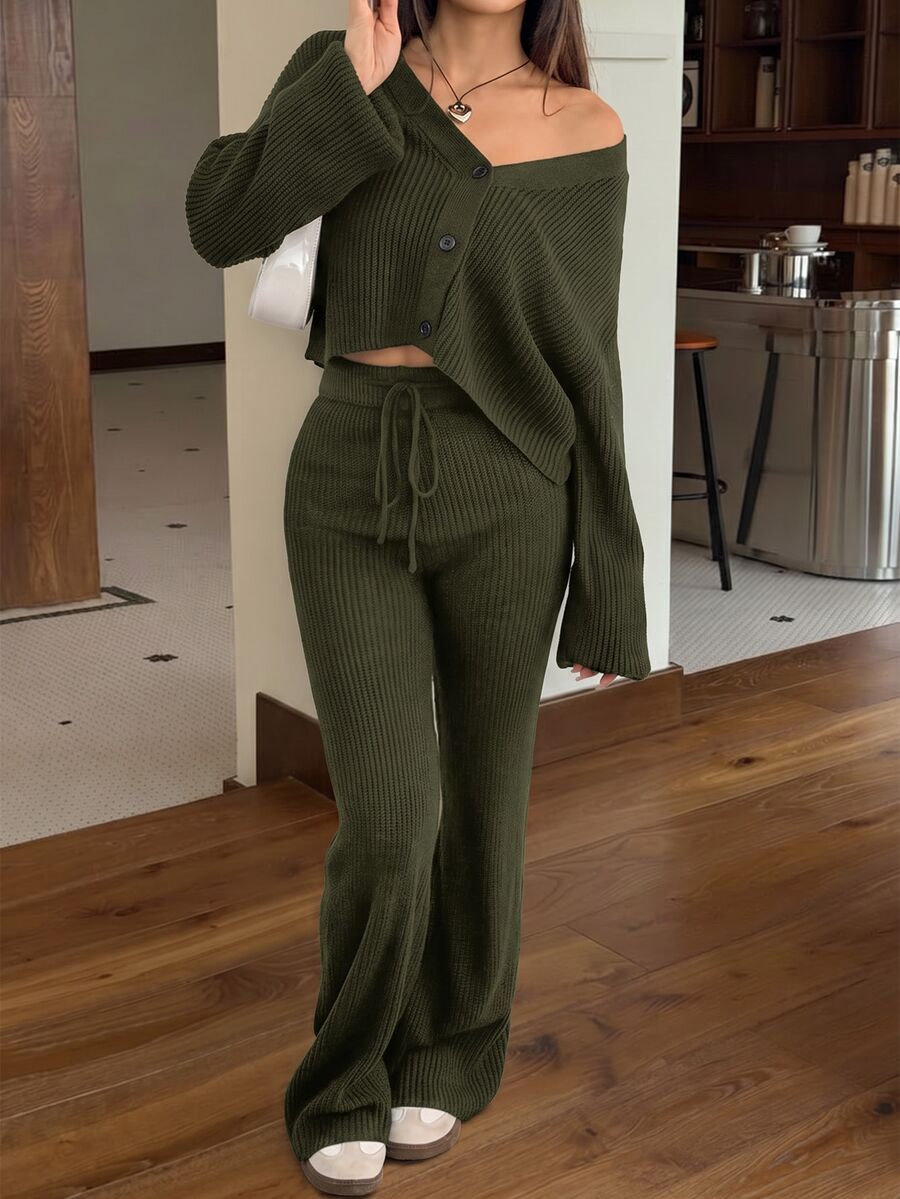 Ribbed Cardigan and Drawstring Flare Pants Set