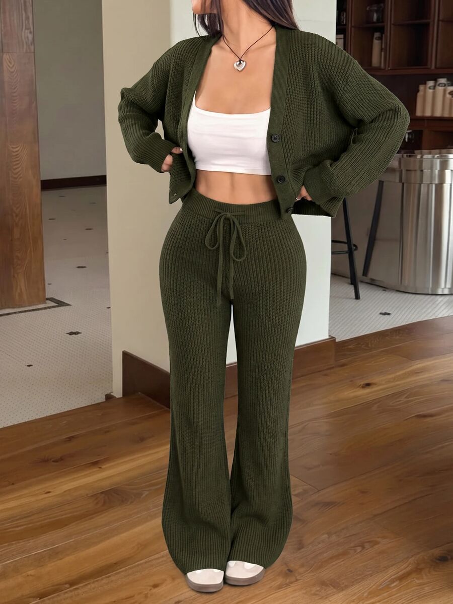 Ribbed Cardigan and Drawstring Flare Pants Set