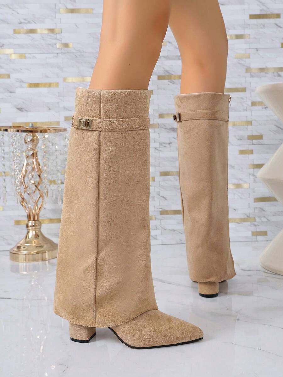 Pointed Toe Fold Over Knee High Boots