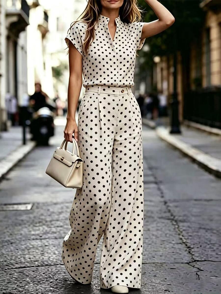 Notched Neck Shirt and Wide Leg Pants Set