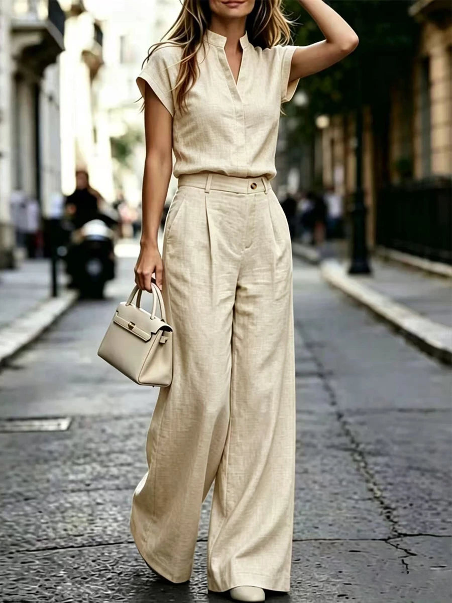 Notched Neck Shirt and Wide Leg Pants Set