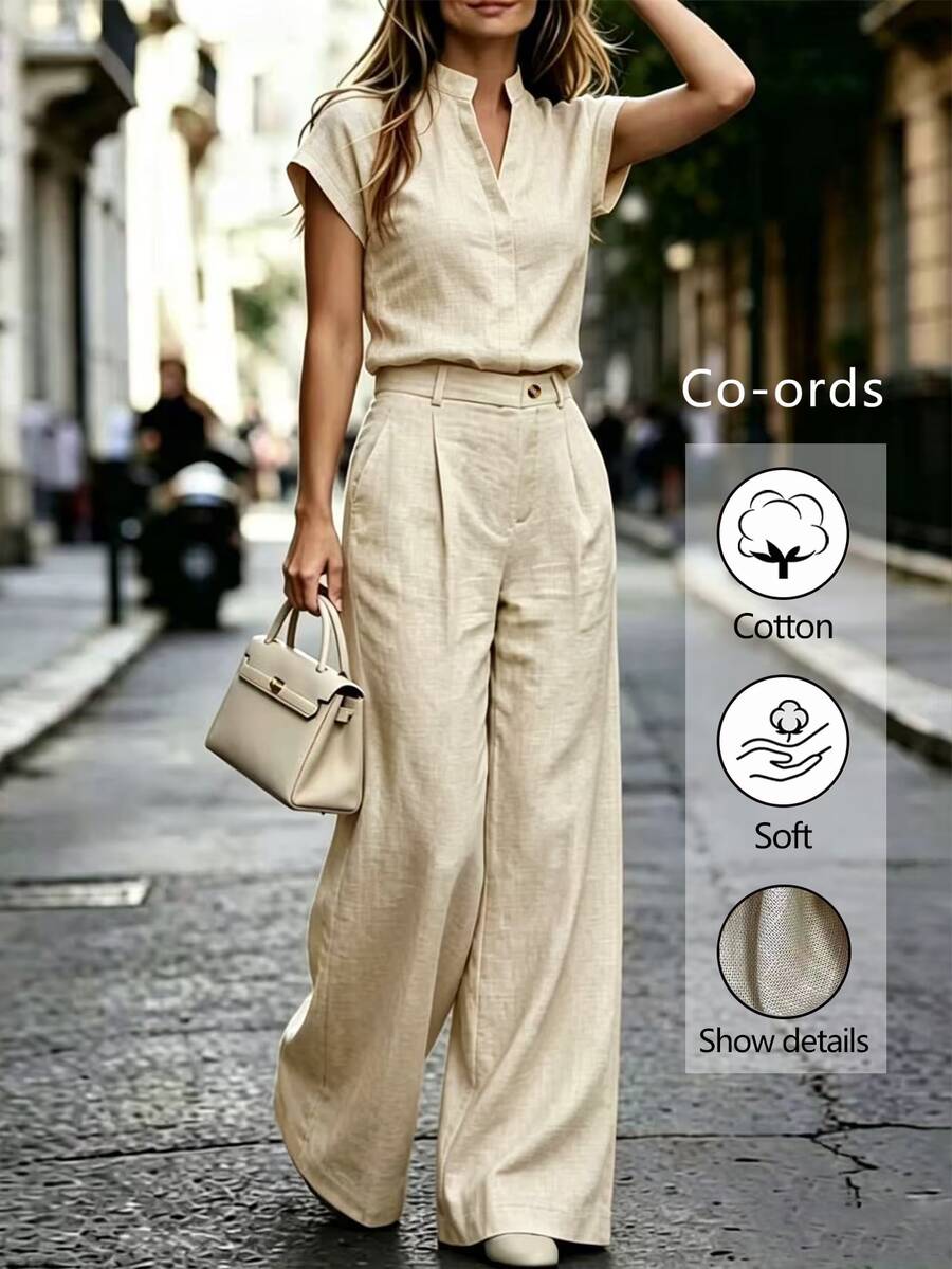 Notched Neck Shirt and Wide Leg Pants Set