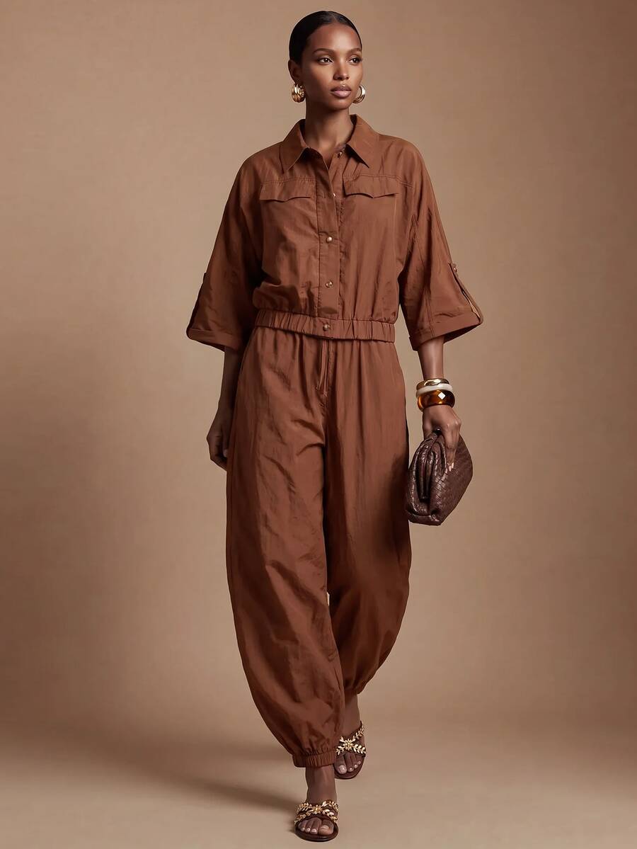 Collared Button Front Tapered Leg Jumpsuit