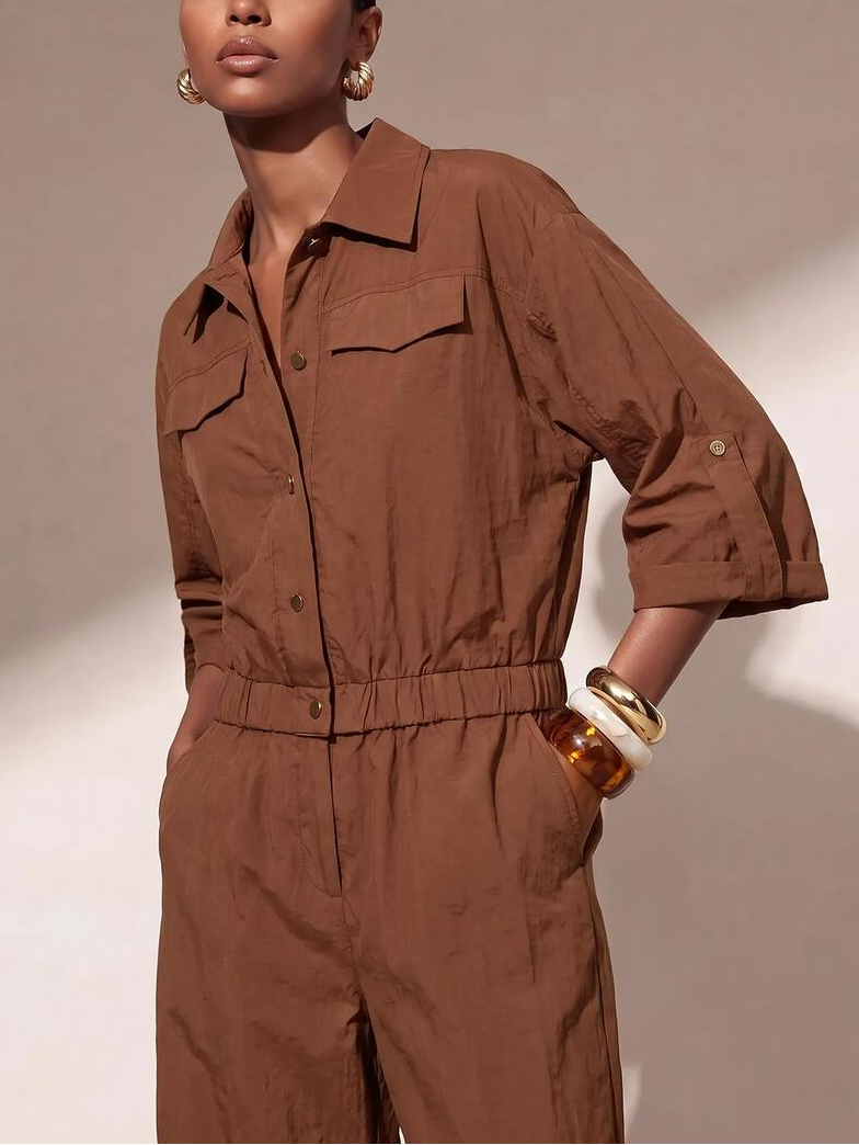 Collared Button Front Tapered Leg Jumpsuit
