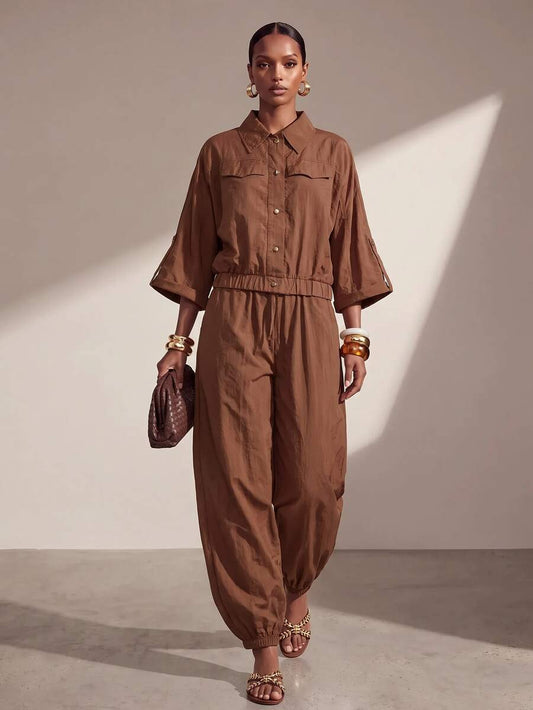 Collared Button Front Tapered Leg Jumpsuit