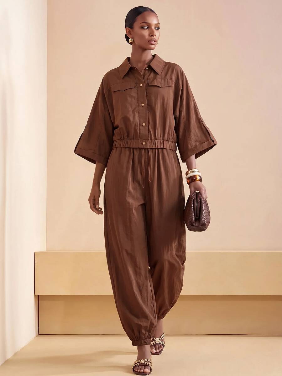 Collared Button Front Tapered Leg Jumpsuit