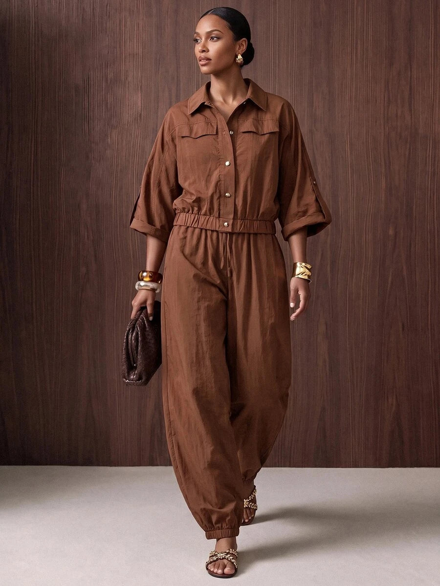 Collared Button Front Tapered Leg Jumpsuit
