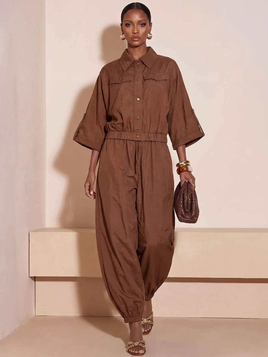 Collared Button Front Tapered Leg Jumpsuit