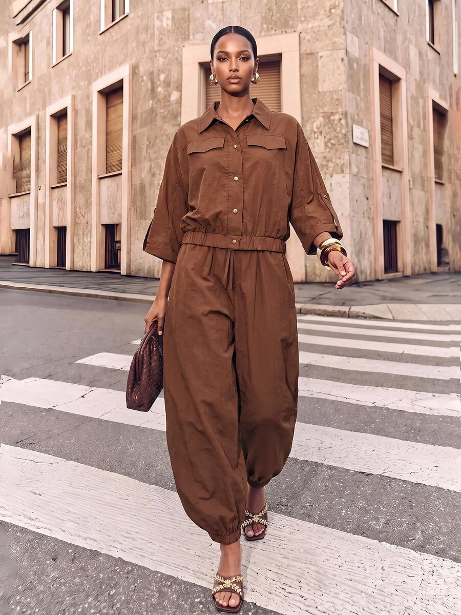 Collared Button Front Tapered Leg Jumpsuit