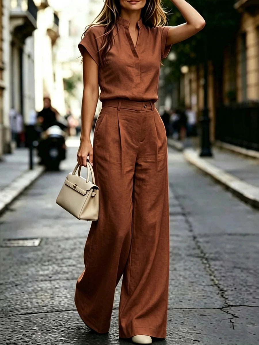 Notched Neck Shirt and Wide Leg Pants Set
