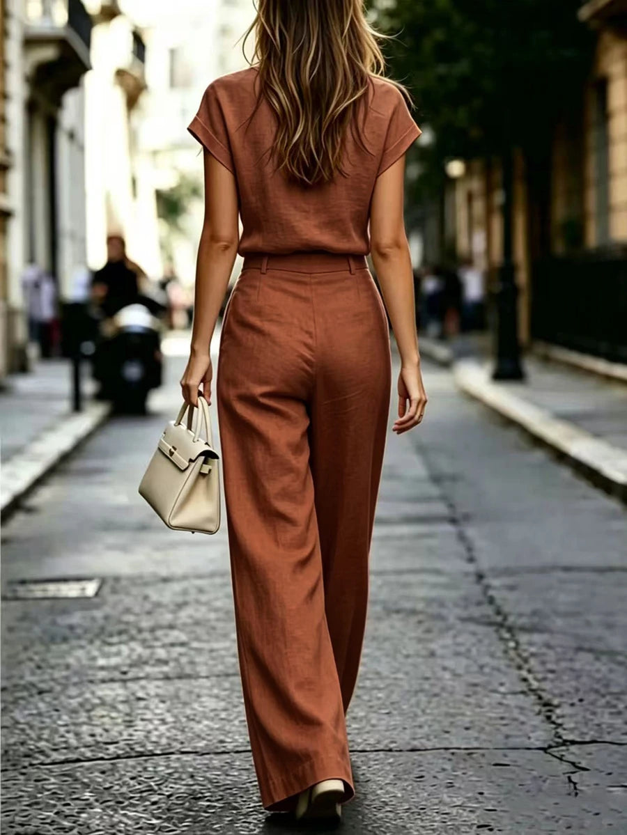 Notched Neck Shirt and Wide Leg Pants Set