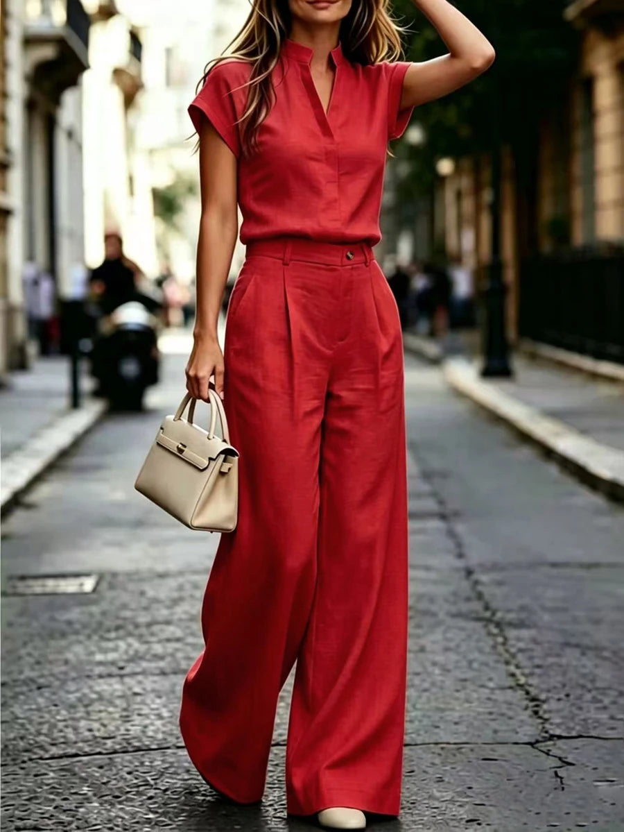 Notched Neck Shirt and Wide Leg Pants Set