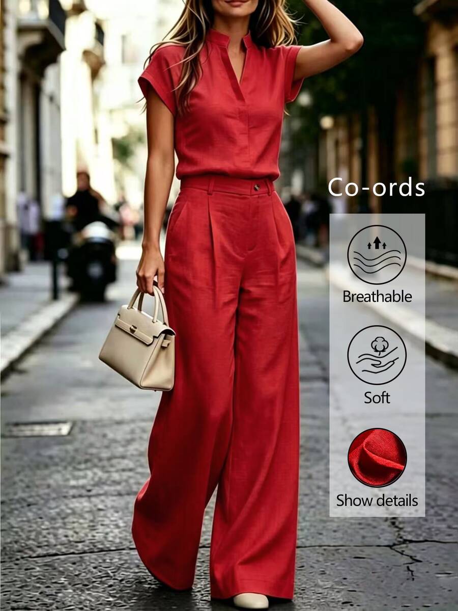 Notched Neck Shirt and Wide Leg Pants Set