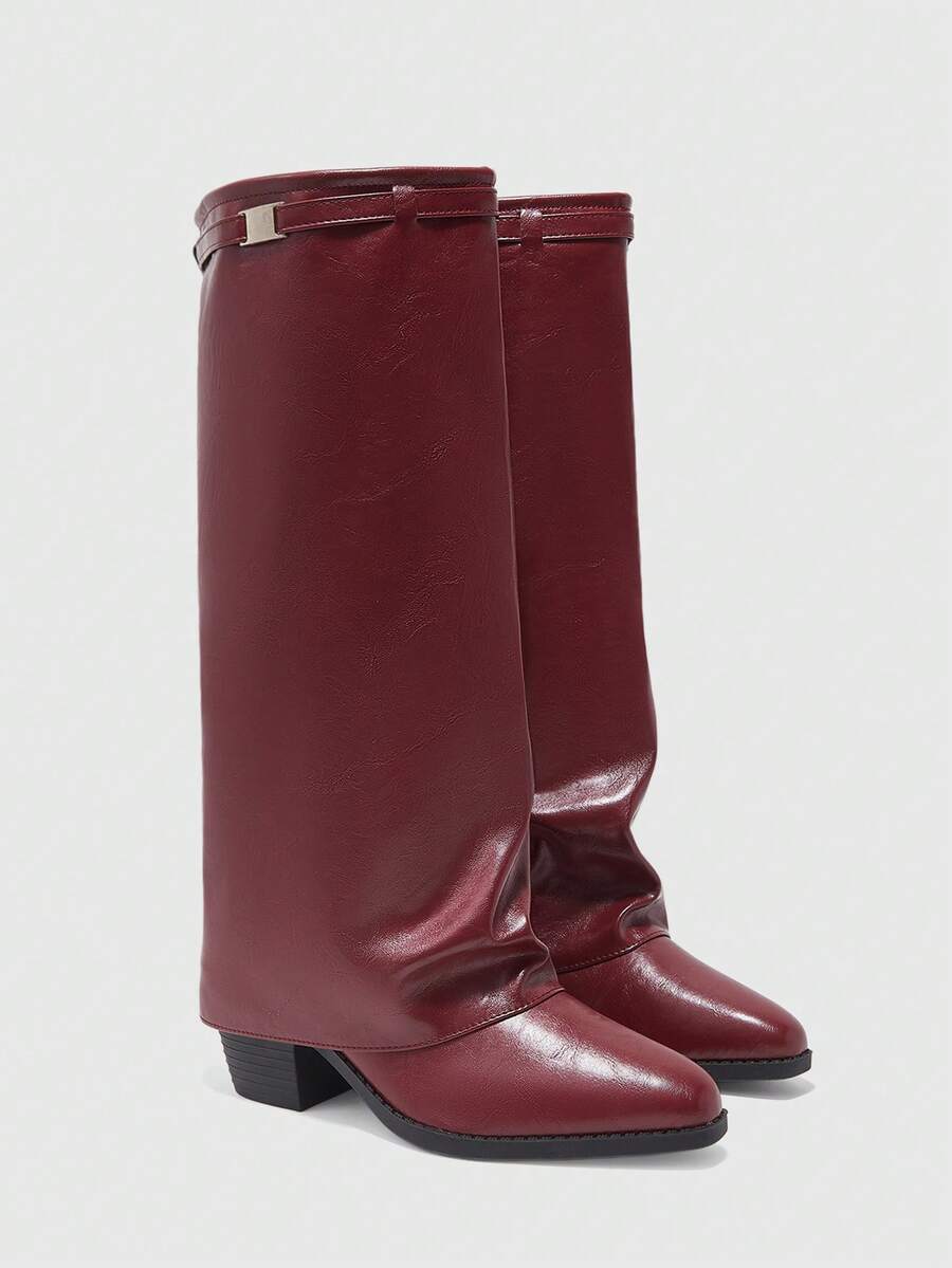 Fold Over Square Toe Knee High Boots
