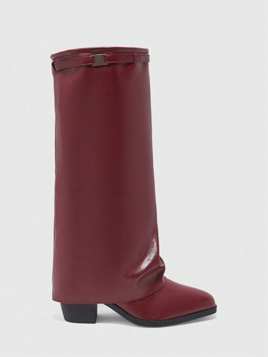 Fold Over Square Toe Knee High Boots