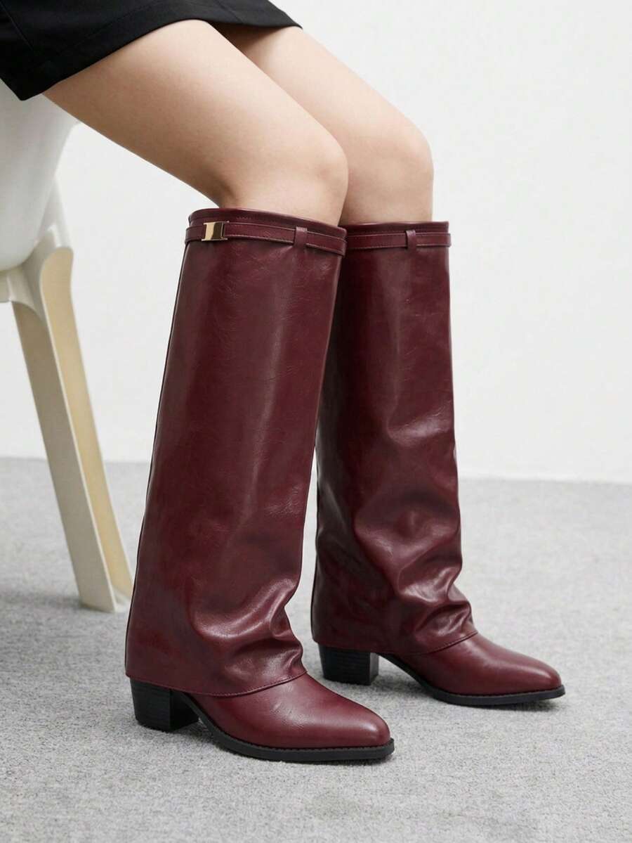 Fold Over Square Toe Knee High Boots