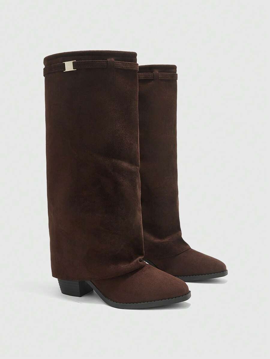 Fold Over Square Toe Knee High Boots