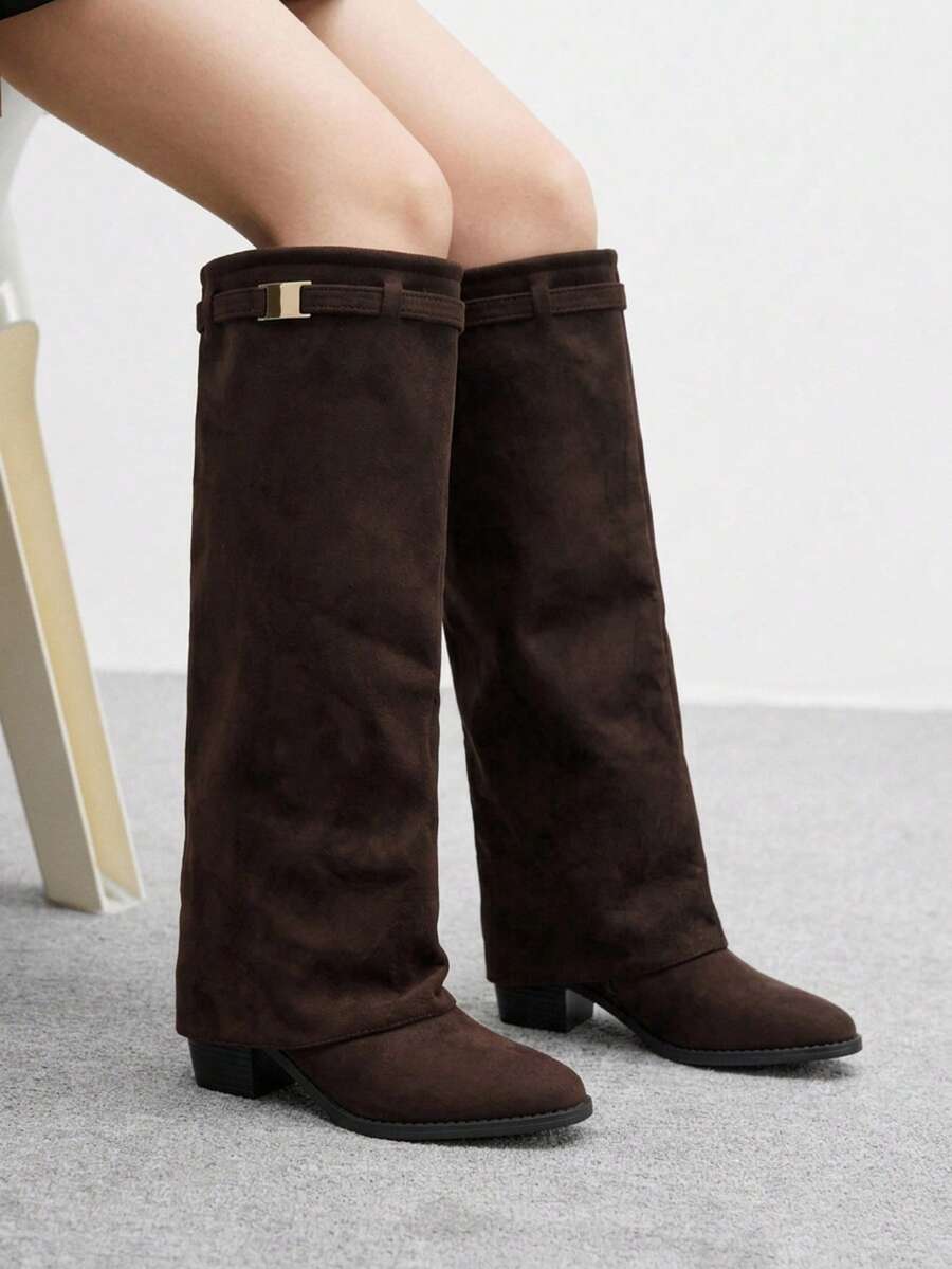Fold Over Square Toe Knee High Boots