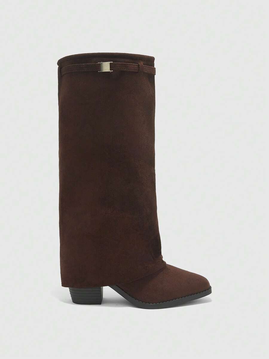 Fold Over Square Toe Knee High Boots