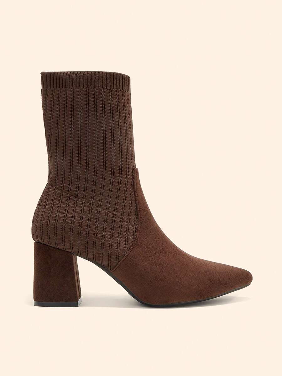 Pointed Toe Stretch Block Heel Ankle Boots