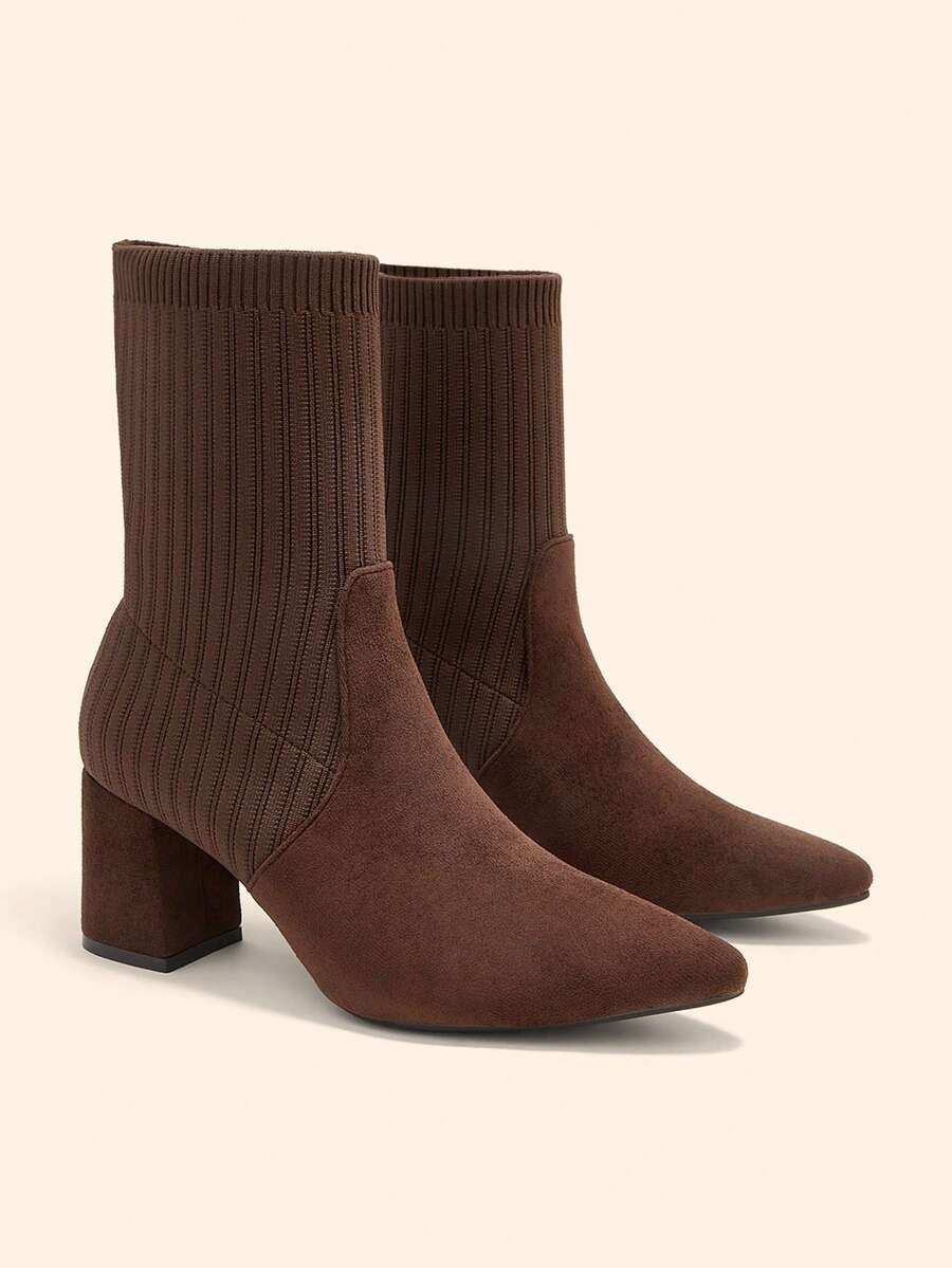 Pointed Toe Stretch Block Heel Ankle Boots