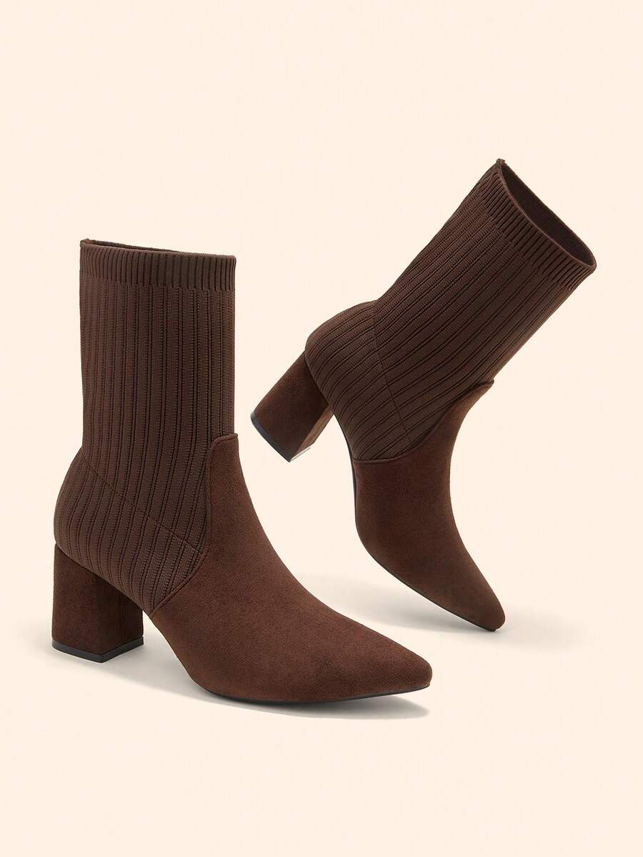 Pointed Toe Stretch Block Heel Ankle Boots