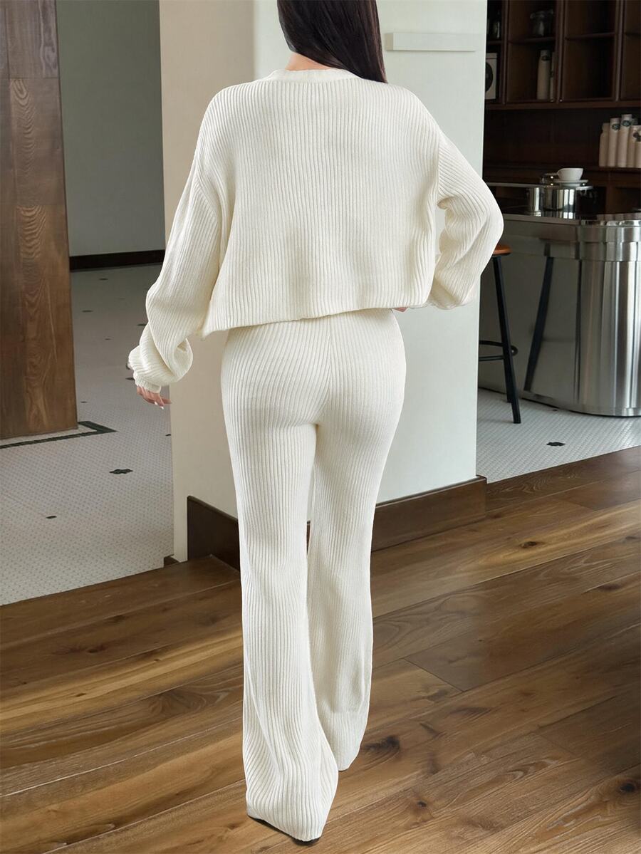 Ribbed Cardigan and Drawstring Flare Pants Set