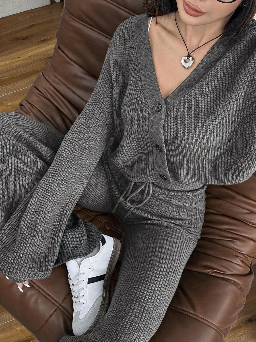 Ribbed Cardigan and Drawstring Flare Pants Set
