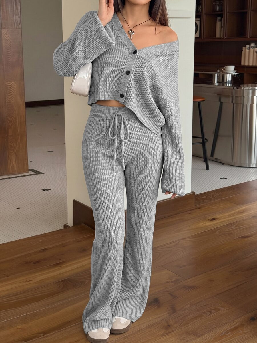 Ribbed Cardigan and Drawstring Flare Pants Set