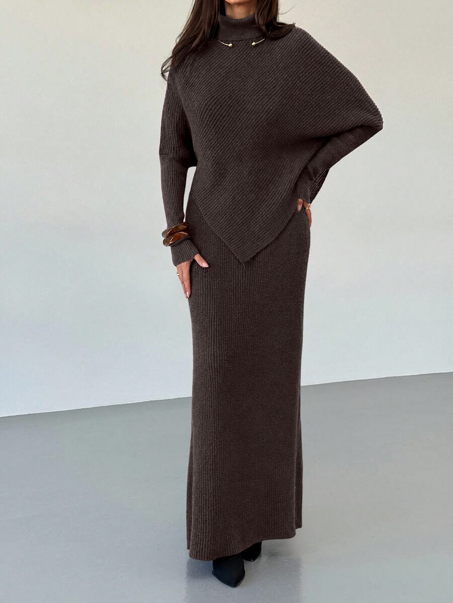 Ribbed Knit High Neck Sweater and Skirt Set