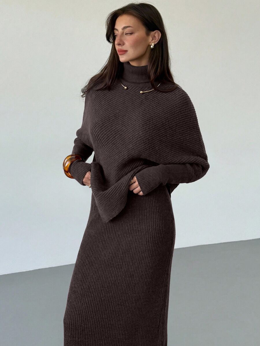Ribbed Knit High Neck Sweater and Skirt Set