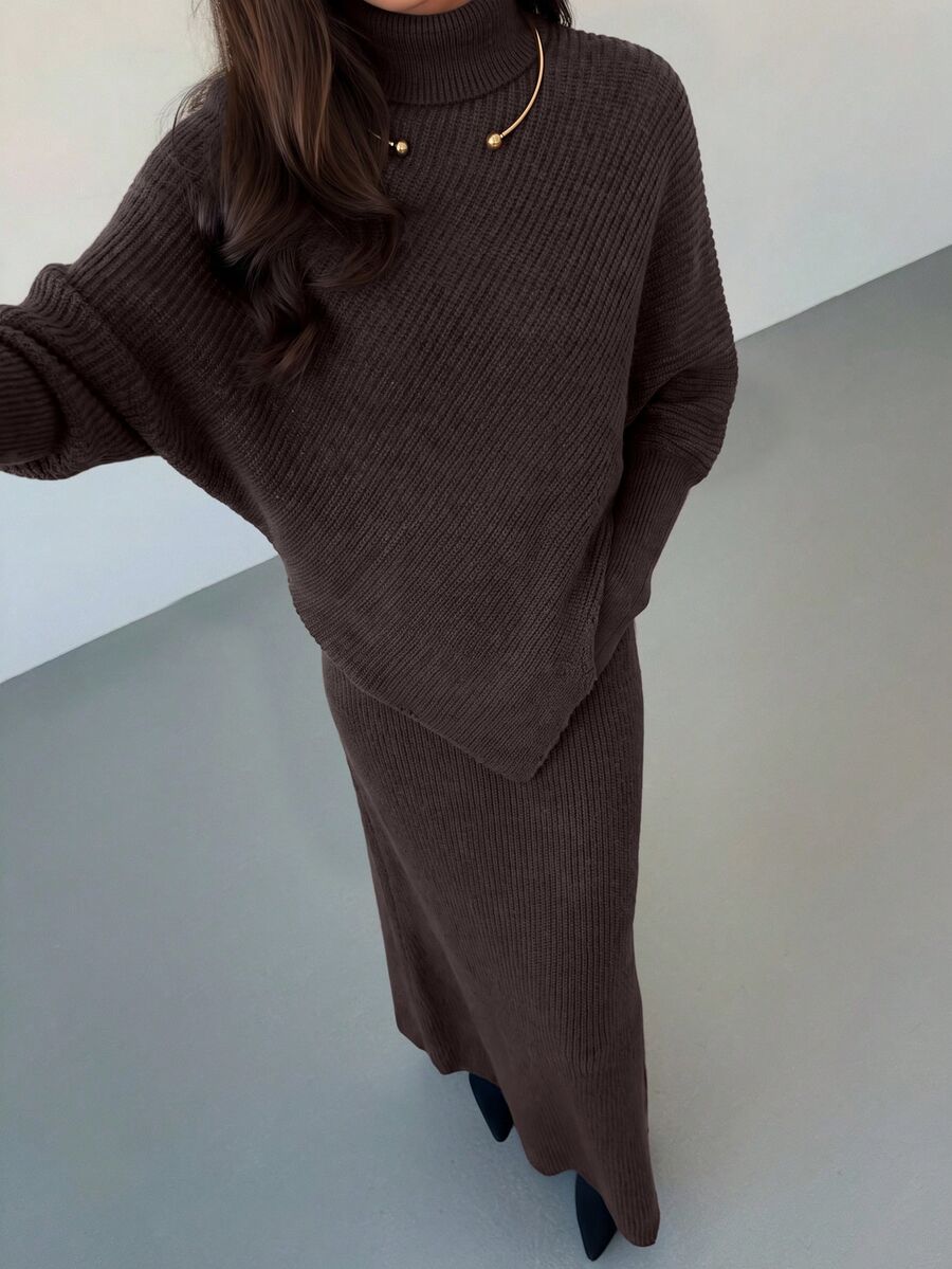 Ribbed Knit High Neck Sweater and Skirt Set