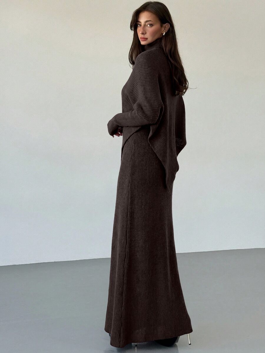 Ribbed Knit High Neck Sweater and Skirt Set