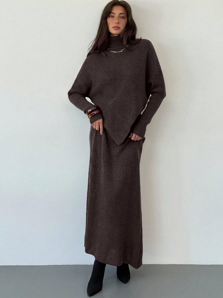 Ribbed Knit High Neck Sweater and Skirt Set