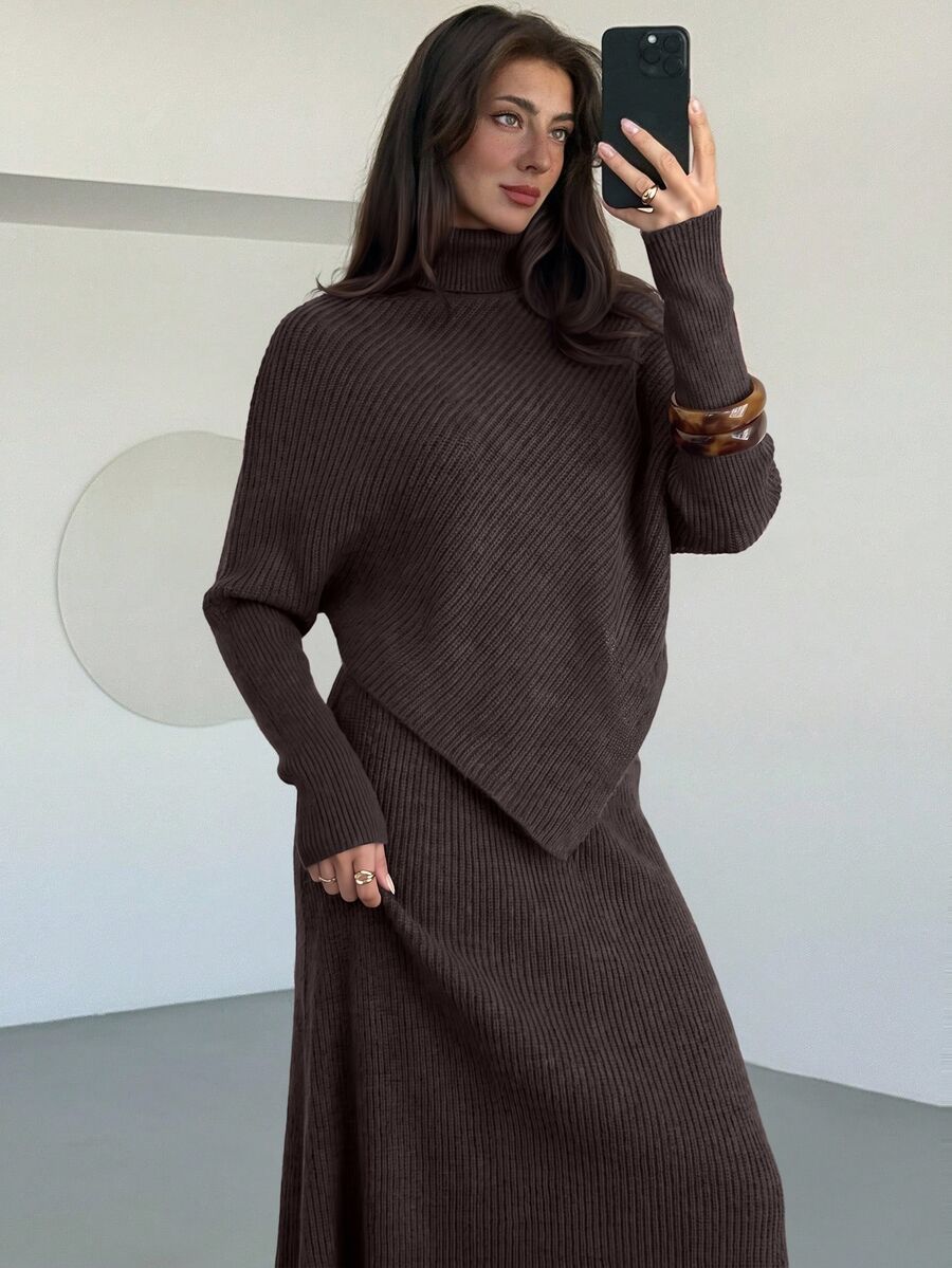 Ribbed Knit High Neck Sweater and Skirt Set